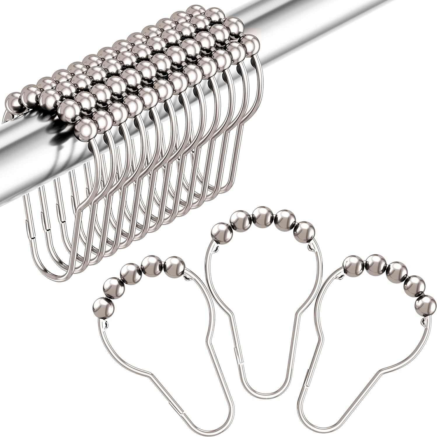SISXSO Shower Curtain Hooks, Decorative Rust Proof Stainless Steel Shower Curtain Hooks for Bathroom Shower Rods Set of 12, Polished Nickel