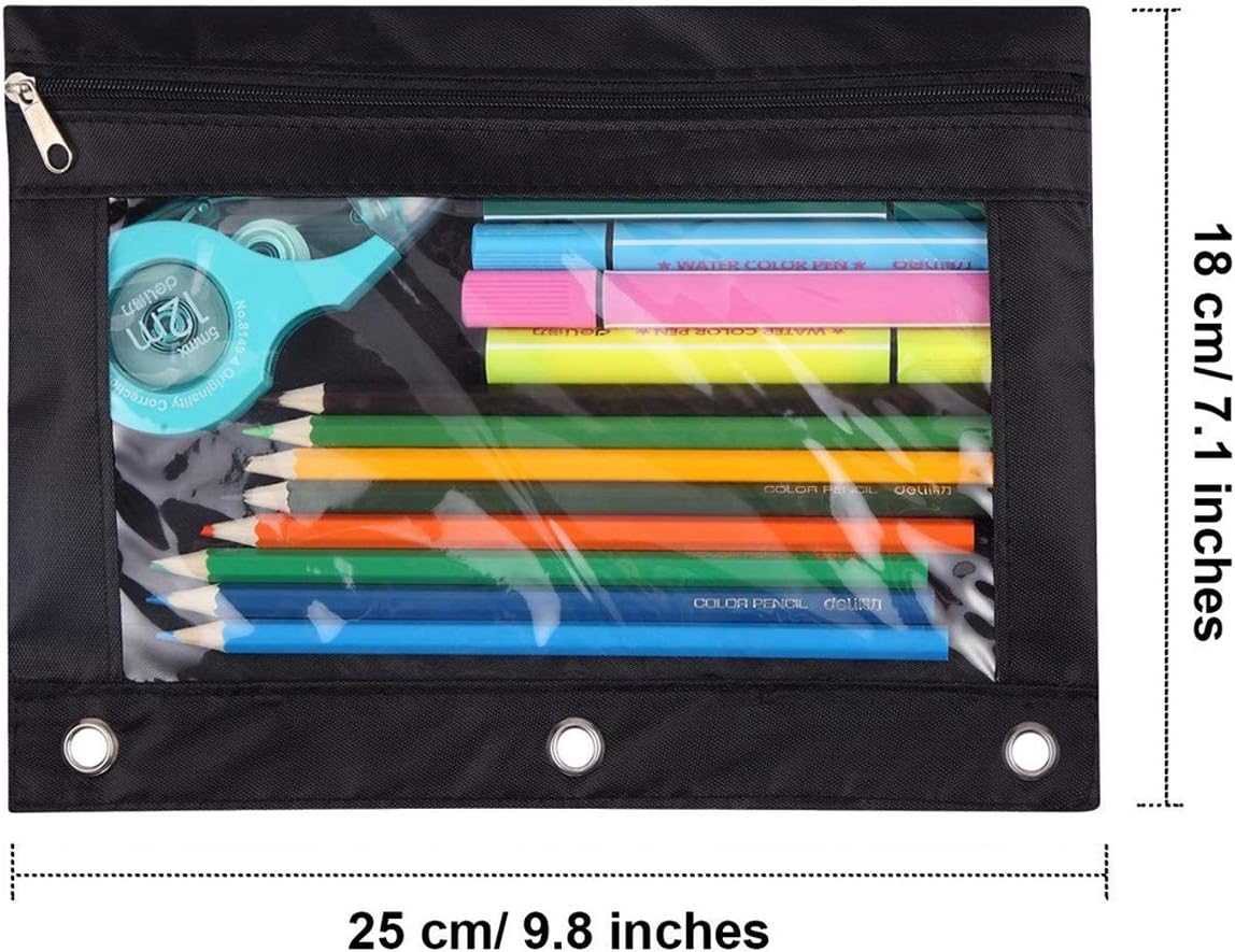 SISXSO Pencil Pouch 3 Ring, Zipper Pencil Pouches Case Binder Cosmetic Bag Black 2 Pack