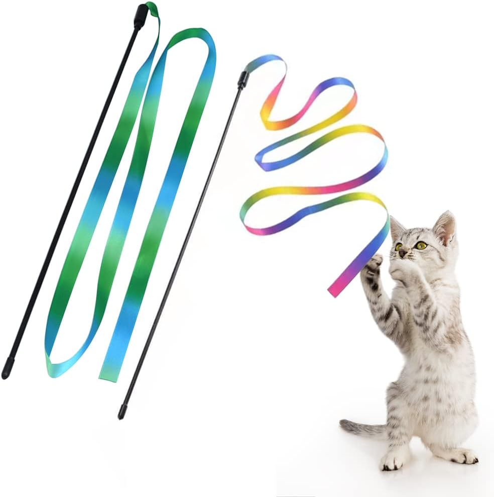 SISXSO 2 PCS Interactive Cat Rainbow Wand Toys, Interactive Cat Teaser Wand String, Colorful Ribbon Charmer for Cats and Kittens