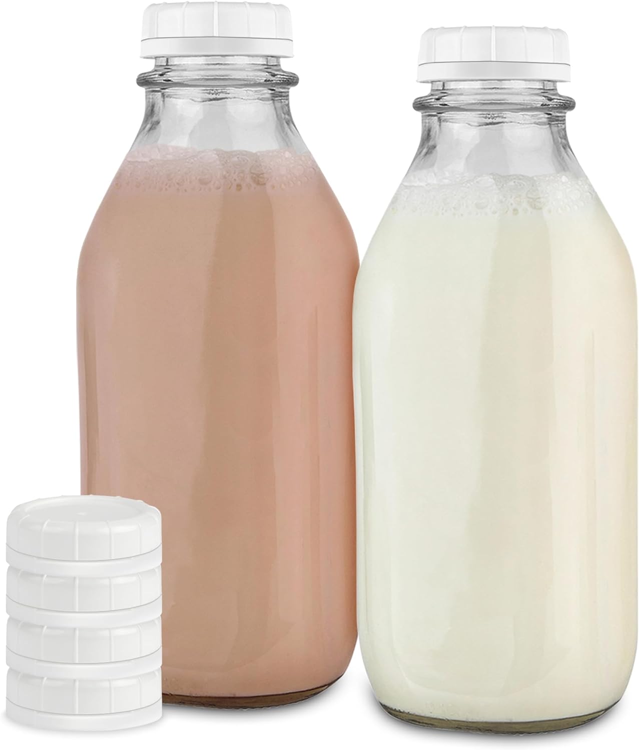 SISXSO Liter Glass Milk Bottles (2 Pack) - 32-Oz Milk Jars with Lids - Food Grade Glass Bottles - Dishwasher Safe - Bottles for Milk, Buttermilk, Honey, Maple Syrup, Jam, BBQ Sauce