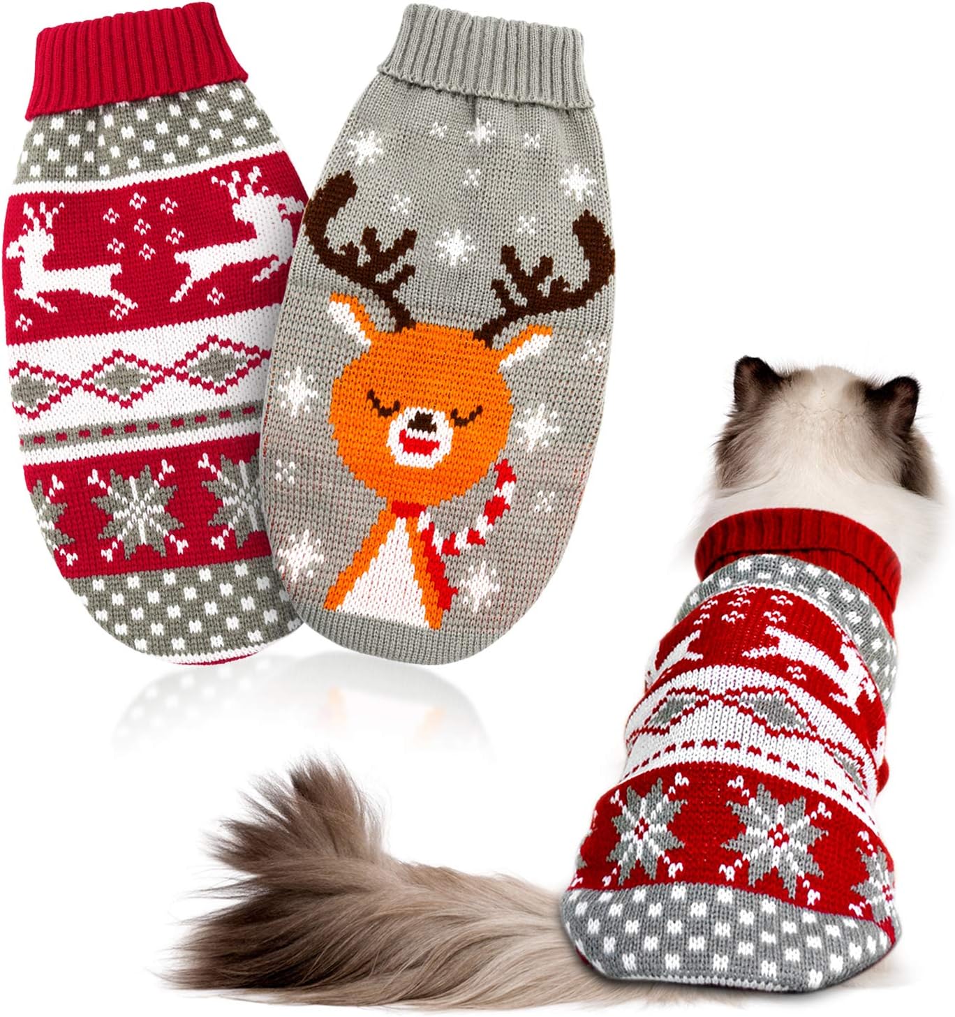 SISXSO Cat Christmas Sweater 2 Packs - Puppy Christmas Sweater Pet Reindeer Snowflake Sweaters for Kittys and Small Dogs L