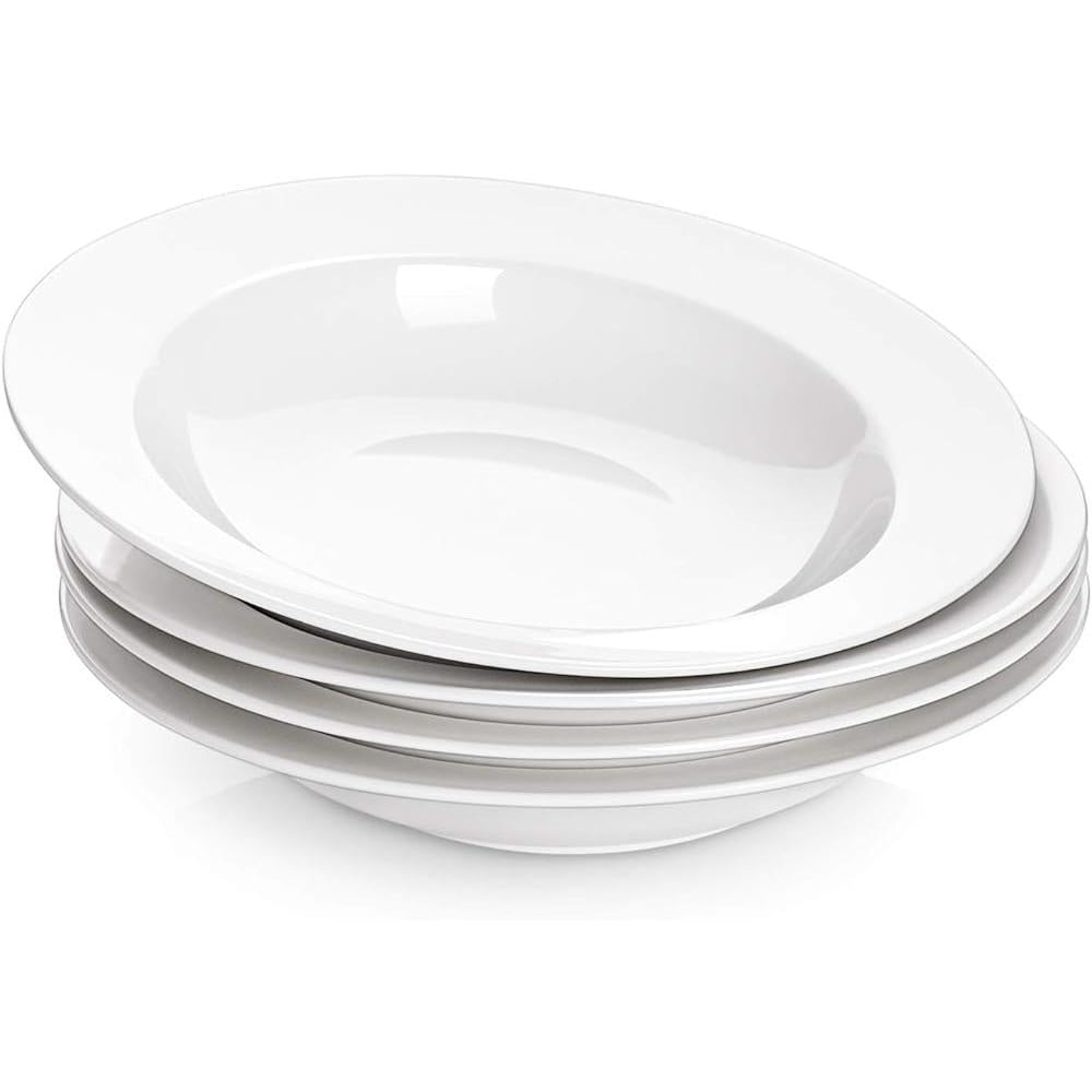 SISXSO Soup Bowls, Pasta Bowls Plates, White Salad Bowls Set of 4, Porcelain Wide Rim Bowls, 20 Ounces, Microwave & Dishwasher Safe
