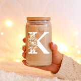 SISXSO Initial Glass Cup, Monogrammed Gifts for Women, 16 oz Glass Cups w/Lids Straws, Iced Coffee, Beer Can Shaped Glass Tumbler w/Straw Lid - Personalized Christmas, Birthday Gifts for Her