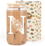SISXSO Initial Glass Cup, Monogrammed Gifts for Women, 16 oz Glass Cups w/Lids Straws, Iced Coffee, Beer Can Shaped Glass Tumbler w/Straw Lid - Personalized Christmas, Birthday Gifts for Her