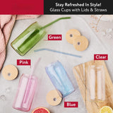 SISXSO 4 Pack Multicolor Glass Cups With Lids and Straws - Drinking Glasses, Glass Tumbler With Straw And Lid, Iced Coffee Cups, Glass Coffee Cups With Bamboo Lids