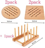 Bamboo Trivet Kitchen Bamboo Hot Pads Trivet Natural Bamboo Trivet Mat Set para pratos quentes/panela/tigela/bule/suportes para panelas quentes 2 quadrados 2 redondos 1 prateleira de armazenamento 