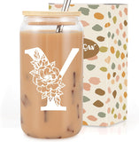 SISXSO Initial Glass Cup, Monogrammed Gifts for Women, 16 oz Glass Cups w/Lids Straws, Iced Coffee, Beer Can Shaped Glass Tumbler w/Straw Lid - Personalized Christmas, Birthday Gifts for Her