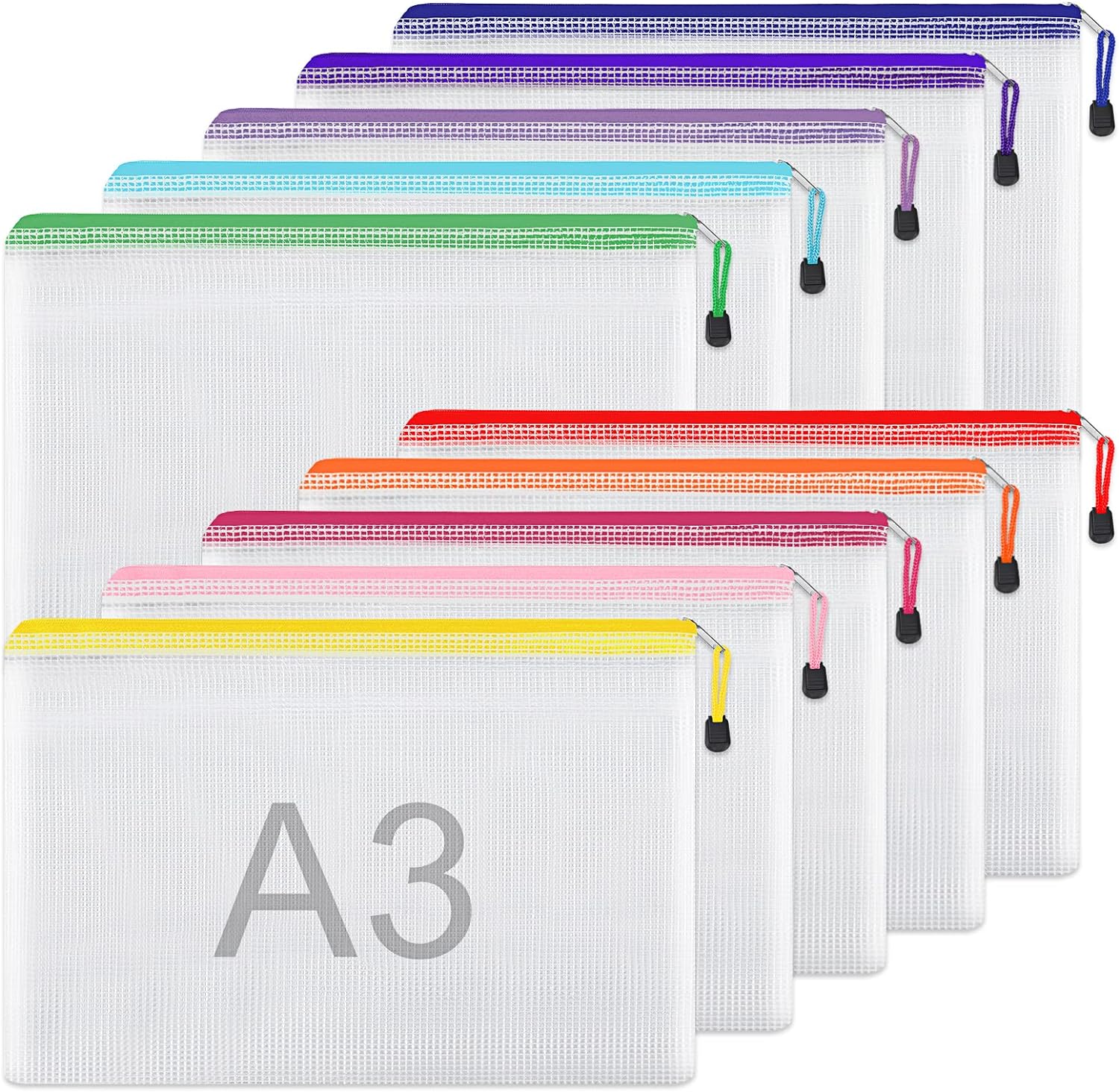 10 peças de bolsa de malha com zíper, tamanho A3 16,9 x 12,4 polegadas, bolsas grandes de armazenamento para organização, 10 cores, bolsa de quebra-cabeça, bolsas de arquivo com zíper para material de escritório 