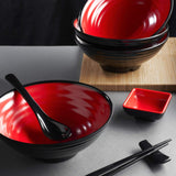 SISXSO Unbreakable Ramen Bowl Set with Chopsticks and Spoon: 2 large Japanese Style Melamine Ramen Bowls, Dipping Bowls and Chopstick Stands for Asian Pho Soup Thai Miso Udon Wonton (2 Bowl Set, Red-Black)