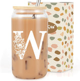 SISXSO Initial Glass Cup, Monogrammed Gifts for Women, 16 oz Glass Cups w/Lids Straws, Iced Coffee, Beer Can Shaped Glass Tumbler w/Straw Lid - Personalized Christmas, Birthday Gifts for Her