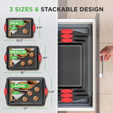 SISXSO Non-Stick Kitchen Oven Baking Pans-Deluxe & Stylish Nonstick Gray Coating Inside Outside, Commercial Grade Restaurant Quality Metal Bakeware with Red Silicone Handles NCSBS3S, 3 Piece Set