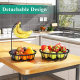 SISXSO 2-Tier Fruit Basket Bowl Stackable Vegetable Storage with Banana Tree Hanger Stand for Kitchen Countertop, Metal Wire Basket for Bread Onions Potatoes Black