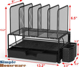 Organizador de mesa de malha com gaveta deslizante, bandeja dupla e 5 seções verticais, preto 