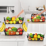 SISXSO 2 Tier Fruit Basket Bowl with 2 Banana Hangers for Kitchen Counter, Countertop Fruit Storage Produce Basket Metal Vegetable Holder Stand Organizer for Bread Snack Veggies Potato, Black