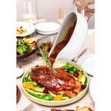 SISXSO Large 17 Oz Gravy Boat and Tray | Ergonomic Handle | White Fine Porcelain Saucier With Big Dripless Lip Spout For Gravy, Warming Sauces, Salad Dressings, Milk | Microwave & Freezer Safe