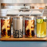 SISXSO 4 pcs 16 oz Glass Cups with Bamboo Lids and Straws-Glass Tumbler with Straw and Lid & Cleaning Brush,Iced Coffee Cups with Lids Ldeal for Smoothie Beer Cocktail Whiskey Tea Juice Gift