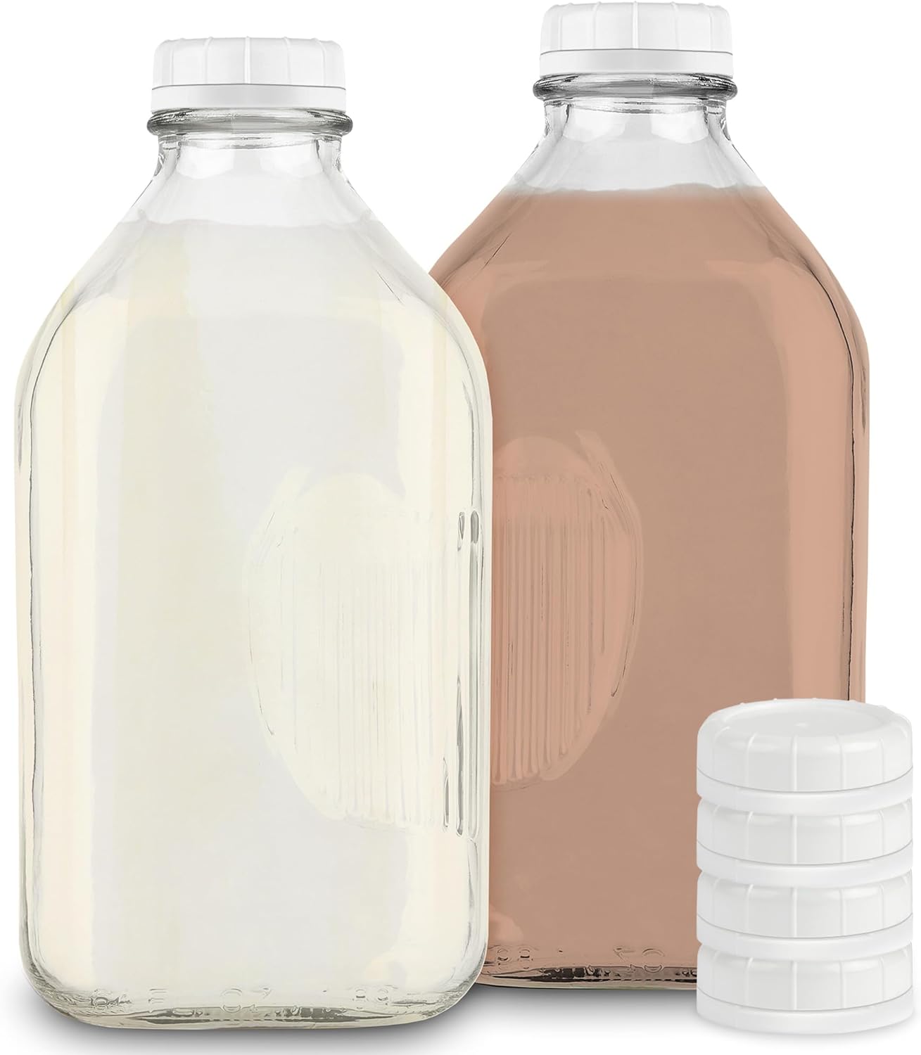 SISXSO Liter Glass Milk Bottles (2 Pack) - 32-Oz Milk Jars with Lids - Food Grade Glass Bottles - Dishwasher Safe - Bottles for Milk, Buttermilk, Honey, Maple Syrup, Jam, BBQ Sauce