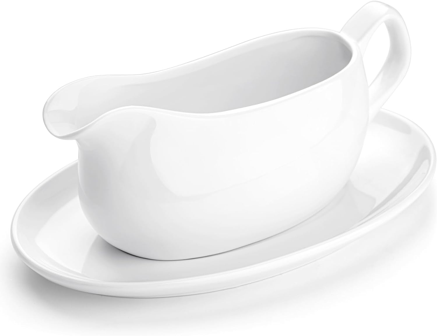 SISXSO Large 17 Oz Gravy Boat and Tray | Ergonomic Handle | White Fine Porcelain Saucier With Big Dripless Lip Spout For Gravy, Warming Sauces, Salad Dressings, Milk | Microwave & Freezer Safe