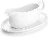 SISXSO Large 17 Oz Gravy Boat and Tray | Ergonomic Handle | White Fine Porcelain Saucier With Big Dripless Lip Spout For Gravy, Warming Sauces, Salad Dressings, Milk | Microwave & Freezer Safe