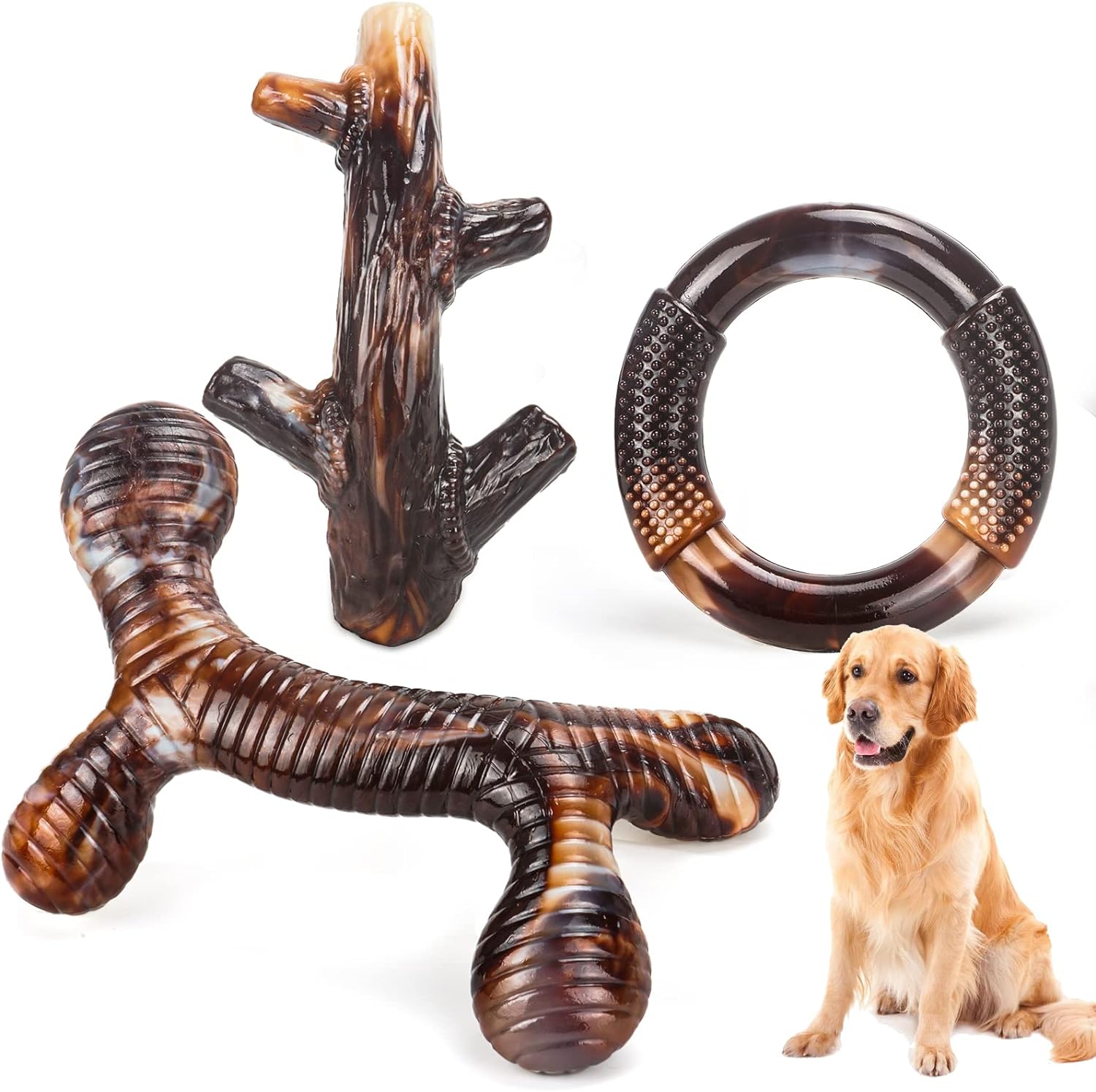 Brinquedos para cães, pacote com 3 brinquedos de mastigar indestrutíveis para cães para mastigadores agressivos, brinquedos de mastigar de nylon resistente e duráveis ​​com sabor de bacon real para raças de cães grandes, médios e pequenos (marrom1) 