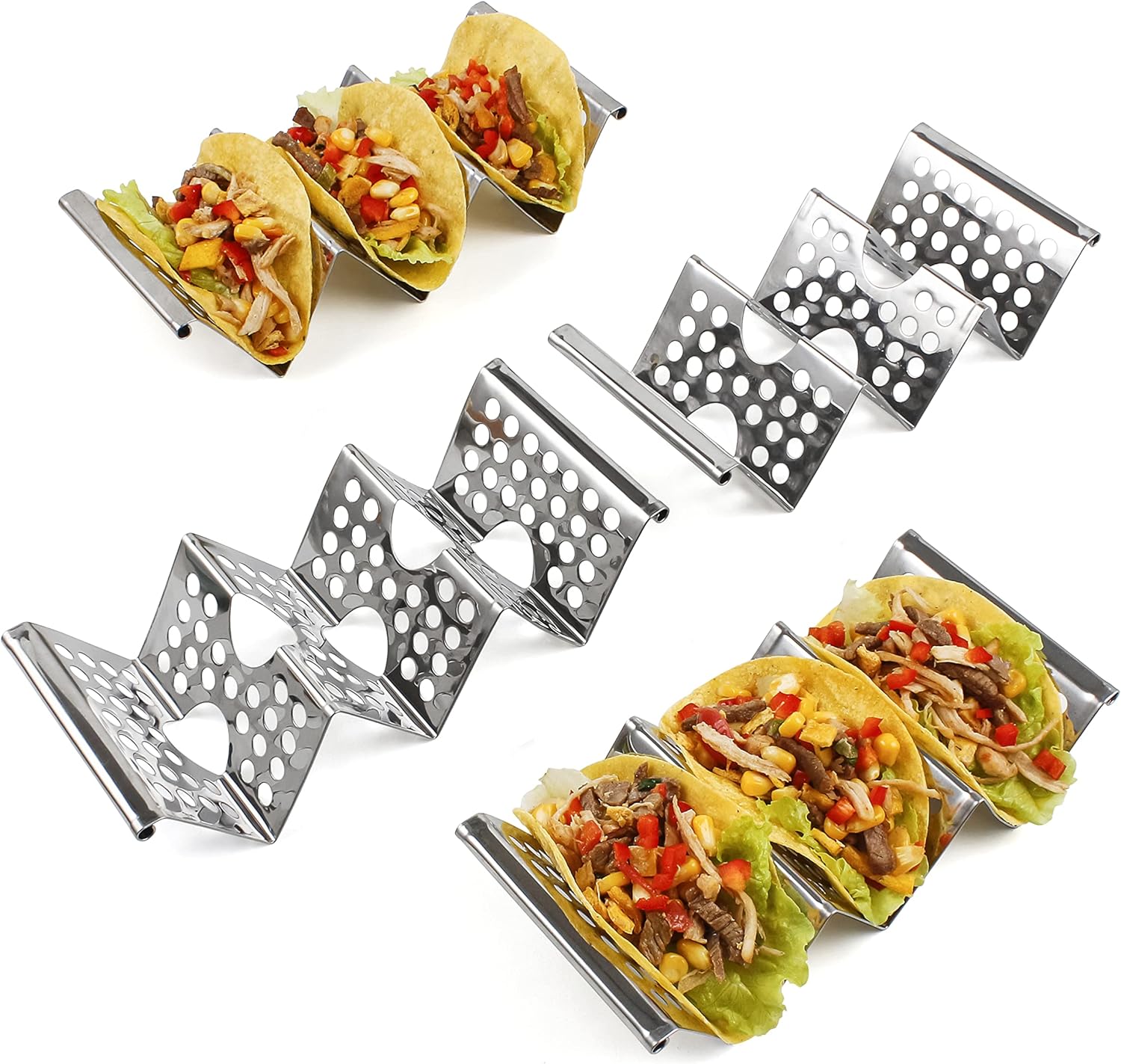 SISXSO 4 Pack Stainless Steel Taco Holders, Premium Taco Stands, Holds 2 Or 3 Tacos Each Taco Tray, Taco Rack With Easy-Access Handle, Food Grade Taco Plate Shells Oven & Grill Safe, BPA Free(Hollow)
