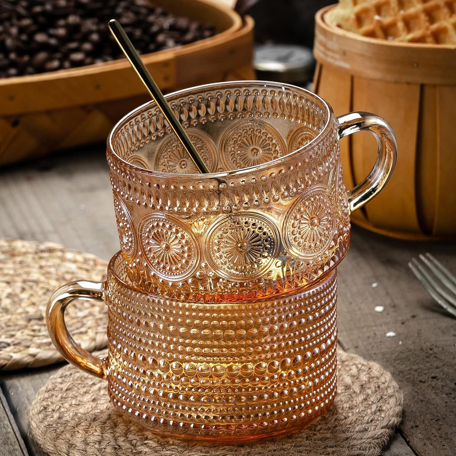 SISXSO Vintage Coffee Mugs 14 Oz Set of 2 Amber Embossed Glass Tea Cups for Cappccino, Latte,Cereal, Yogurt, Beverage Christmas Thanksgiving Day Gifts