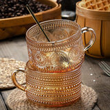 SISXSO Vintage Coffee Mugs 14 Oz Set of 2 Amber Embossed Glass Tea Cups for Cappccino, Latte,Cereal, Yogurt, Beverage Christmas Thanksgiving Day Gifts