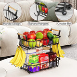 SISXSO 2 Tier Fruit Basket Bowl with 2 Banana Hangers for Kitchen Counter, Countertop Fruit Storage Produce Basket Metal Vegetable Holder Stand Organizer for Bread Snack Veggies Potato, Black