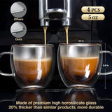 SISXSO Double Wall Insulated Glasses Espresso Cups Set of 4, 5 oz Clear Coffee Cups with Handle, Espresso Shot Glasses, Suit for Espresso Machine, Latte, Cappuccino, Glass Coffee Mugs