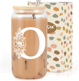 SISXSO Initial Glass Cup, Monogrammed Gifts for Women, 16 oz Glass Cups w/Lids Straws, Iced Coffee, Beer Can Shaped Glass Tumbler w/Straw Lid - Personalized Christmas, Birthday Gifts for Her