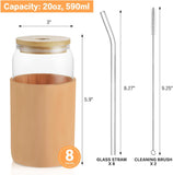 SISXSO Glass Cups with Bamboo Lids and Straws 8pcs Set, 20oz Can Shaped Cute Tumbler Cup with Cleaning Brushes, Beer Glasses, Iced Coffee Cups with Silicone Protective Sleeve
