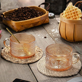 SISXSO Vintage Coffee Mugs 14 Oz Set of 2 Amber Embossed Glass Tea Cups for Cappccino, Latte,Cereal, Yogurt, Beverage Christmas Thanksgiving Day Gifts