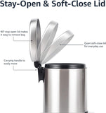Lixeira pequena redonda cilíndrica de fechamento suave com pedal, 5 litros/1,3 galão, aço inoxidável escovado 