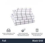 Conjunto de lençóis de cama de microfibra macia de 4 peças com bolsos laterais elásticos, completo, grade preta, geométrico 