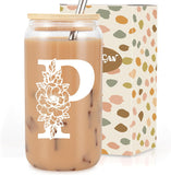 SISXSO Initial Glass Cup, Monogrammed Gifts for Women, 16 oz Glass Cups w/Lids Straws, Iced Coffee, Beer Can Shaped Glass Tumbler w/Straw Lid - Personalized Christmas, Birthday Gifts for Her
