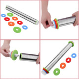 Conjunto de rolo de massa e tapete para assar massa, rolos de massa com anéis de espessura ajustáveis, rolo de massa de aço inoxidável para assar fondant, pizza, torta, massa, macarrão, biscoitos (tapete preto) 