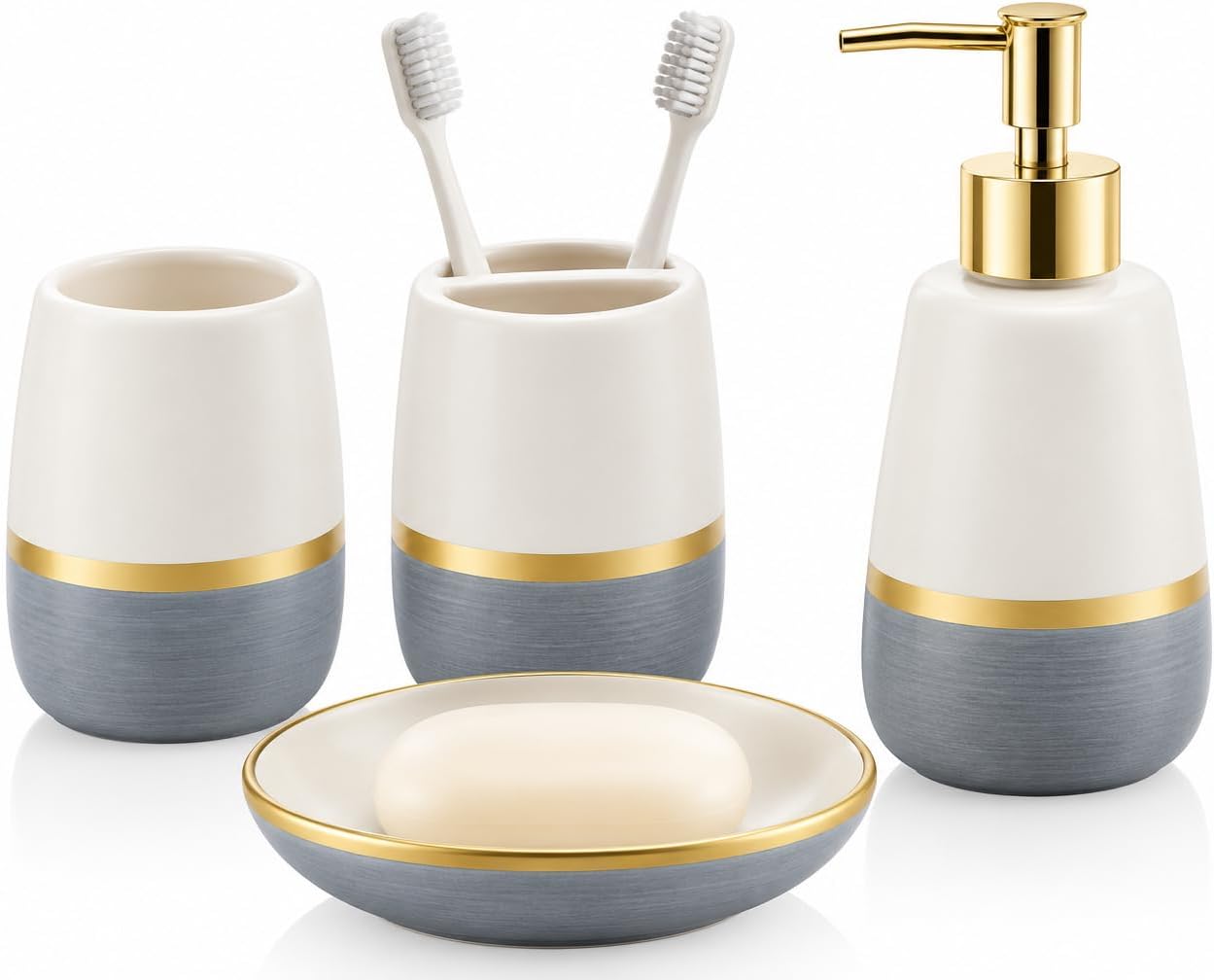 SISXSO 4 Piece Ceramic Bathroom Accessories Set, White Gray and Gold Soap Dispenser, Toothbrush Holder, Tumbler and Soap Dish, Modern Bathroom Countertop Vanity Decor
