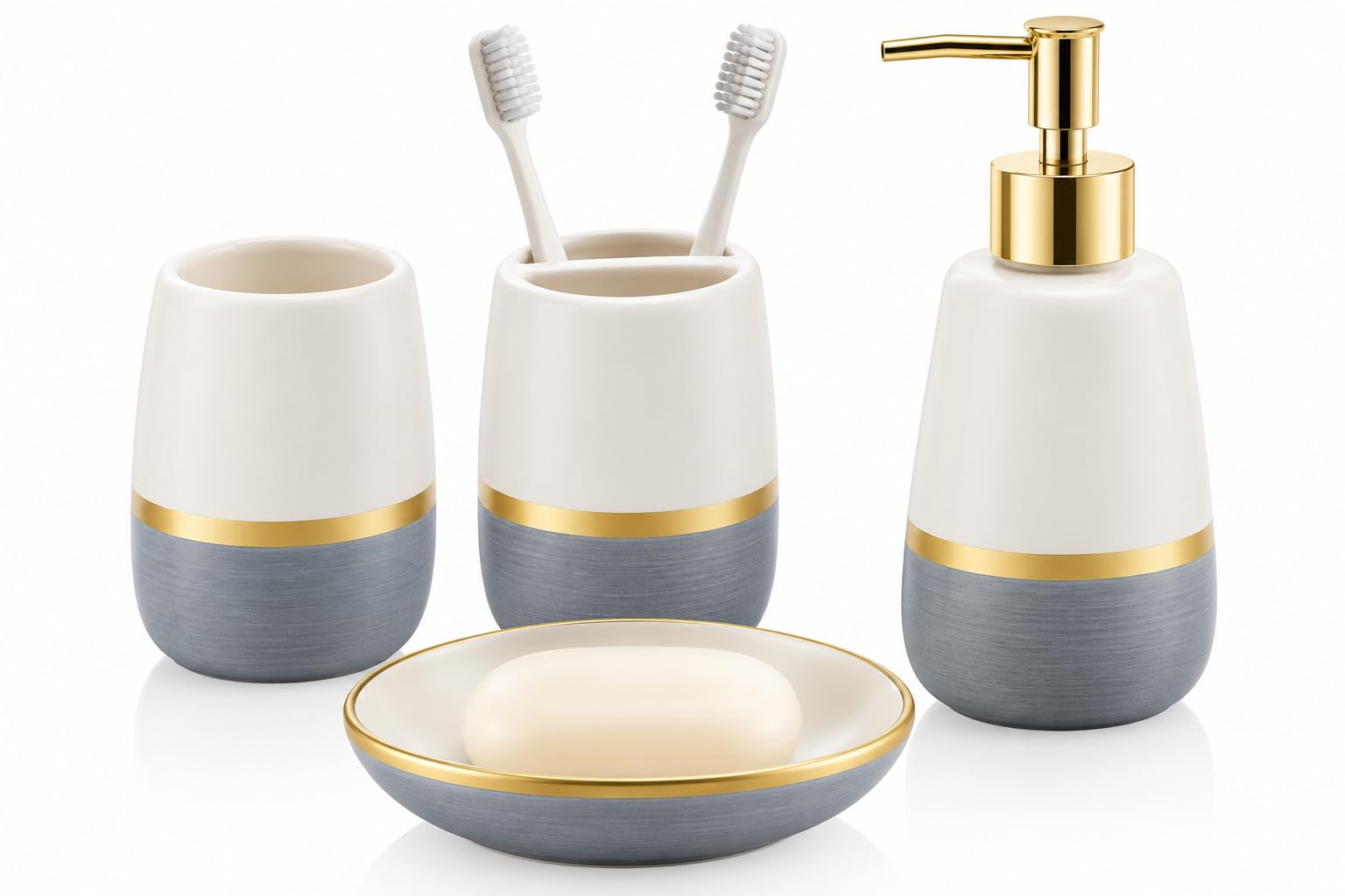 SISXSO 4 Piece Ceramic Bathroom Accessories Set, White Gray and Gold Soap Dispenser, Toothbrush Holder, Tumbler and Soap Dish, Modern Bathroom Countertop Vanity Decor