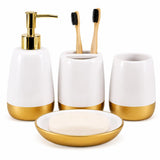 SISXSO 4 Piece Ceramic Bathroom Accessories Set, White Gray and Gold Soap Dispenser, Toothbrush Holder, Tumbler and Soap Dish, Modern Bathroom Countertop Vanity Decor