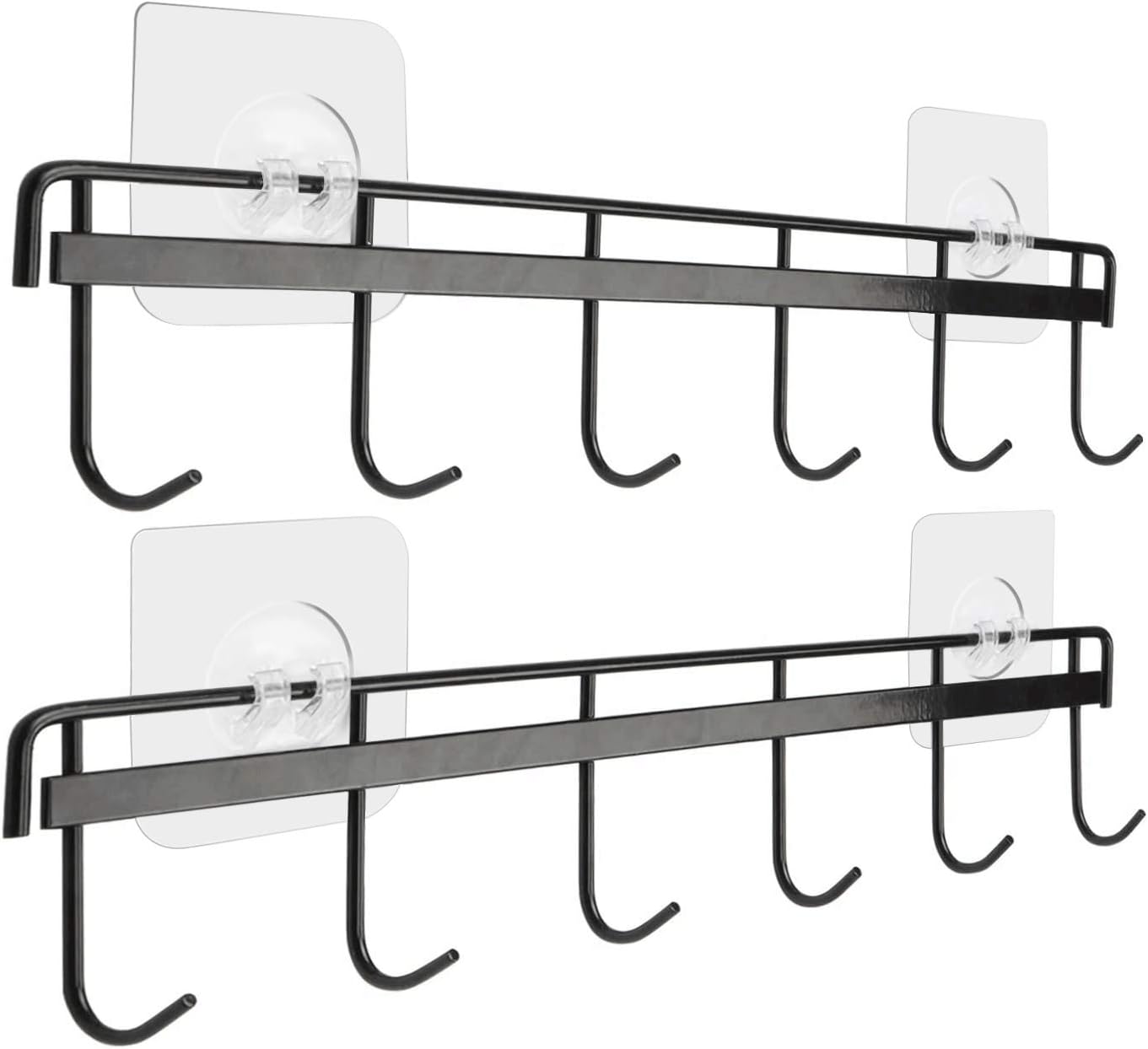 SISXSO Adhesive Wall Hooks Rack Kitchen Rail, Space Saving Utensil Holder No Drilling Wall Mounted Accessory Hanger with 6 Hooks for Kitchen Bathroom Bedroom Pack of 2 (Black)
