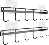 SISXSO Adhesive Wall Hooks Rack Kitchen Rail, Space Saving Utensil Holder No Drilling Wall Mounted Accessory Hanger with 6 Hooks for Kitchen Bathroom Bedroom Pack of 2 (Black)