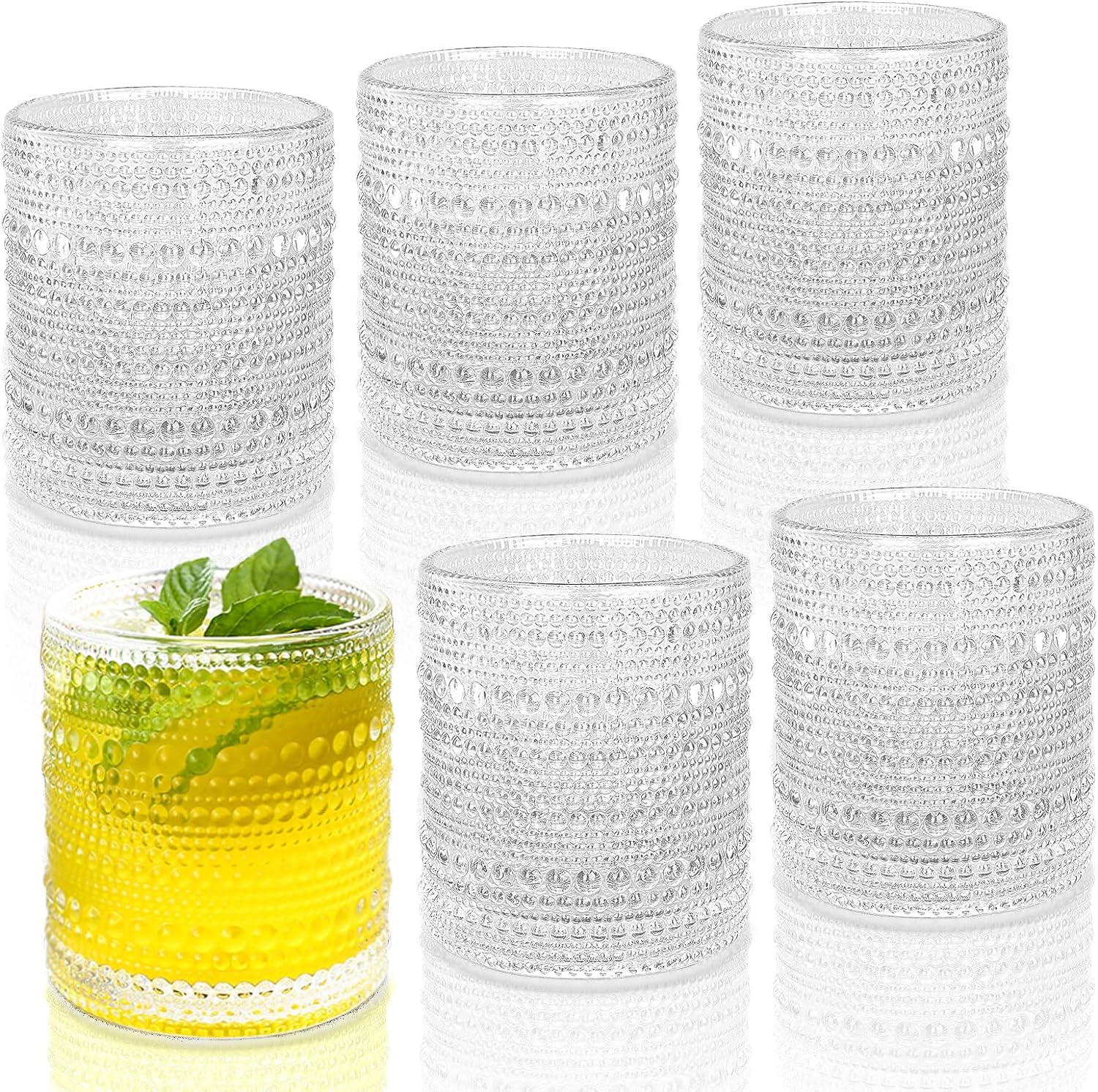 SISXSO Glasses 10 oz Hobnail Drinking Glasses Set of 6, Vintage Glassware, Textured Glass Cups Bubble Glasses Water Glasses Old Fashion Jupiter Glasses Set, Clear