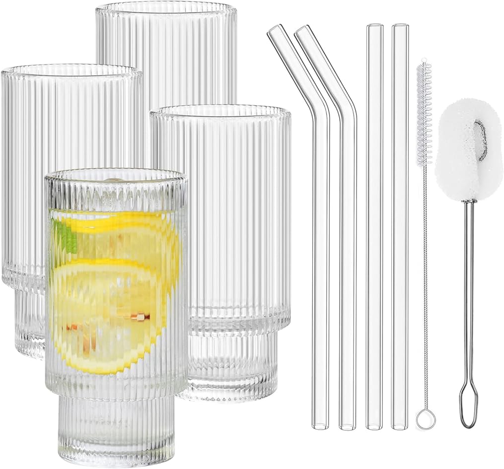 SISXSO Ribbed Glassware Drinking Glasses with Straws Set of 4, Vintage Fluted Glassware Iced Coffee Cups, Origami Style Ridged Glass Tumbler for Coocktail, Whiskey, Beer, Water- 2 Brush