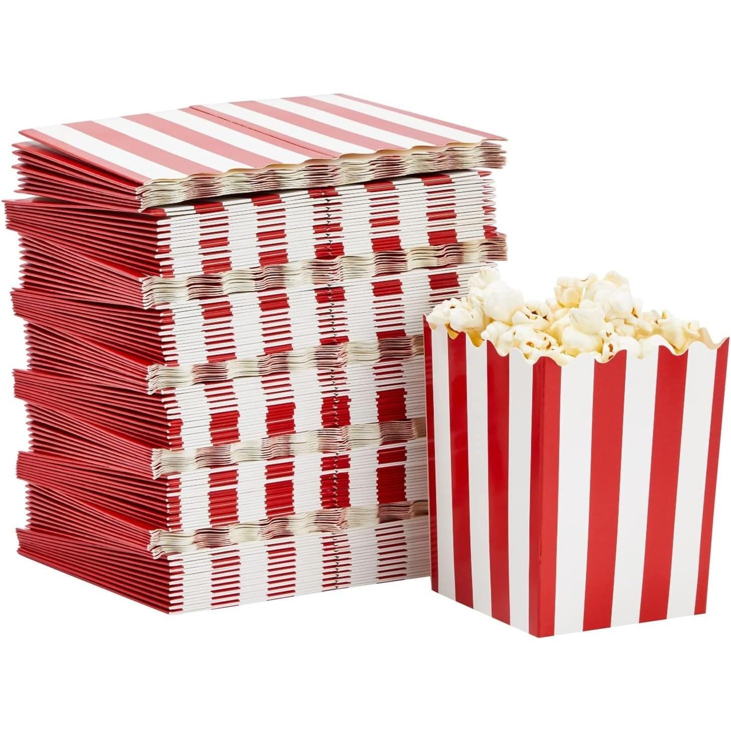 Pacote com 100 caixas de pipoca mini vermelhas e brancas para festa, recipientes de papel para pipoca a granel para decorações de noite de cinema (3 x 4 pol.) 