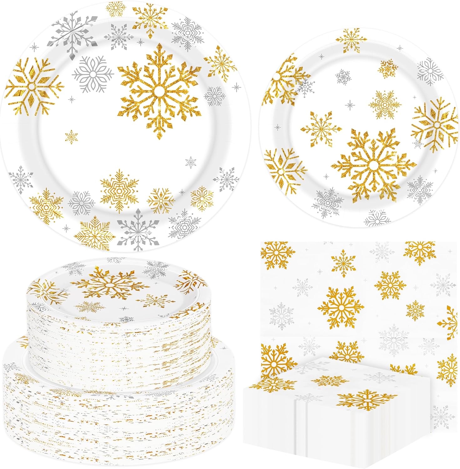 SISXSO 150 PCS Christmas Paper Plates and Napkins Set, Serve 50 Guests Christmas Snowflake Paper Plates, 9" Dinner Plates 7" Dessert Plates Napkins Disposable Tableware Set for Christmas Party Supplies