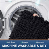 Tapete de banho de luxo em chenille, tapete de banheiro felpudo extramacio e absorvente, lavável à máquina, tapete de pelúcia antiderrapante para banheira, chuveiro e banheiro (24'' x 16'', preto) 