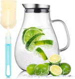 SISXSO 2 Liter Glass Pitcher, Water Pitcher with Removable Lid And Wide Handle, Easy Clean Juice Jug for Fridge, Beverage Carafe for Cold/Hot Water, Iced Tea, 1 Free Long-Handled Brush Included