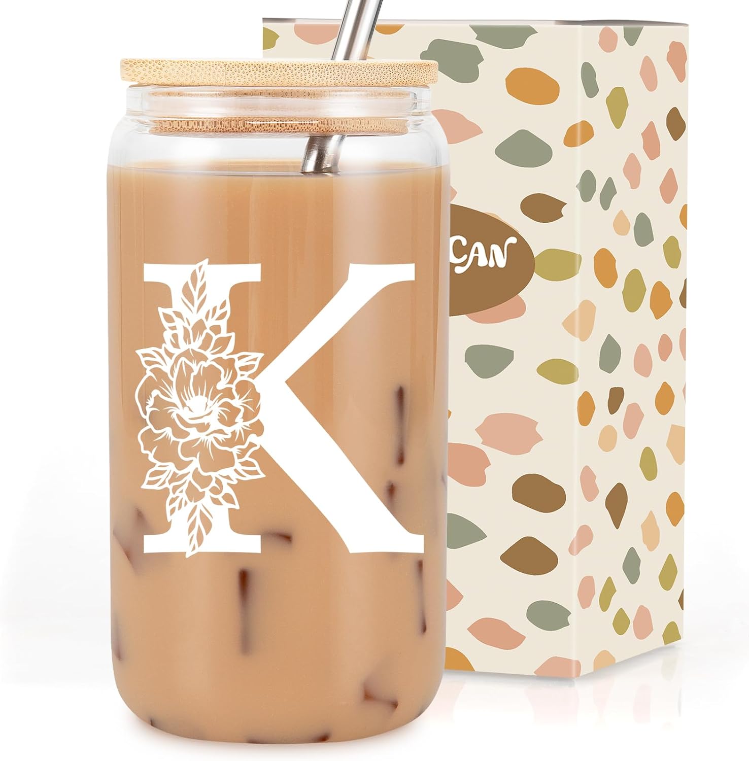 SISXSO Initial Glass Cup, Monogrammed Gifts for Women, 16 oz Glass Cups w/Lids Straws, Iced Coffee, Beer Can Shaped Glass Tumbler w/Straw Lid - Personalized Christmas, Birthday Gifts for Her
