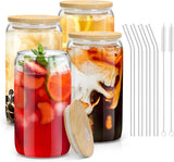 SISXSO 4 Pack Glass Cups with Bamboo Lids and Straws, 16OZ Ice Coffee Cup, Drinking Cup set with Wooden Lids, Home Essential Glass Tumblers for Beer, Cocktail, Tea and Latte Clear