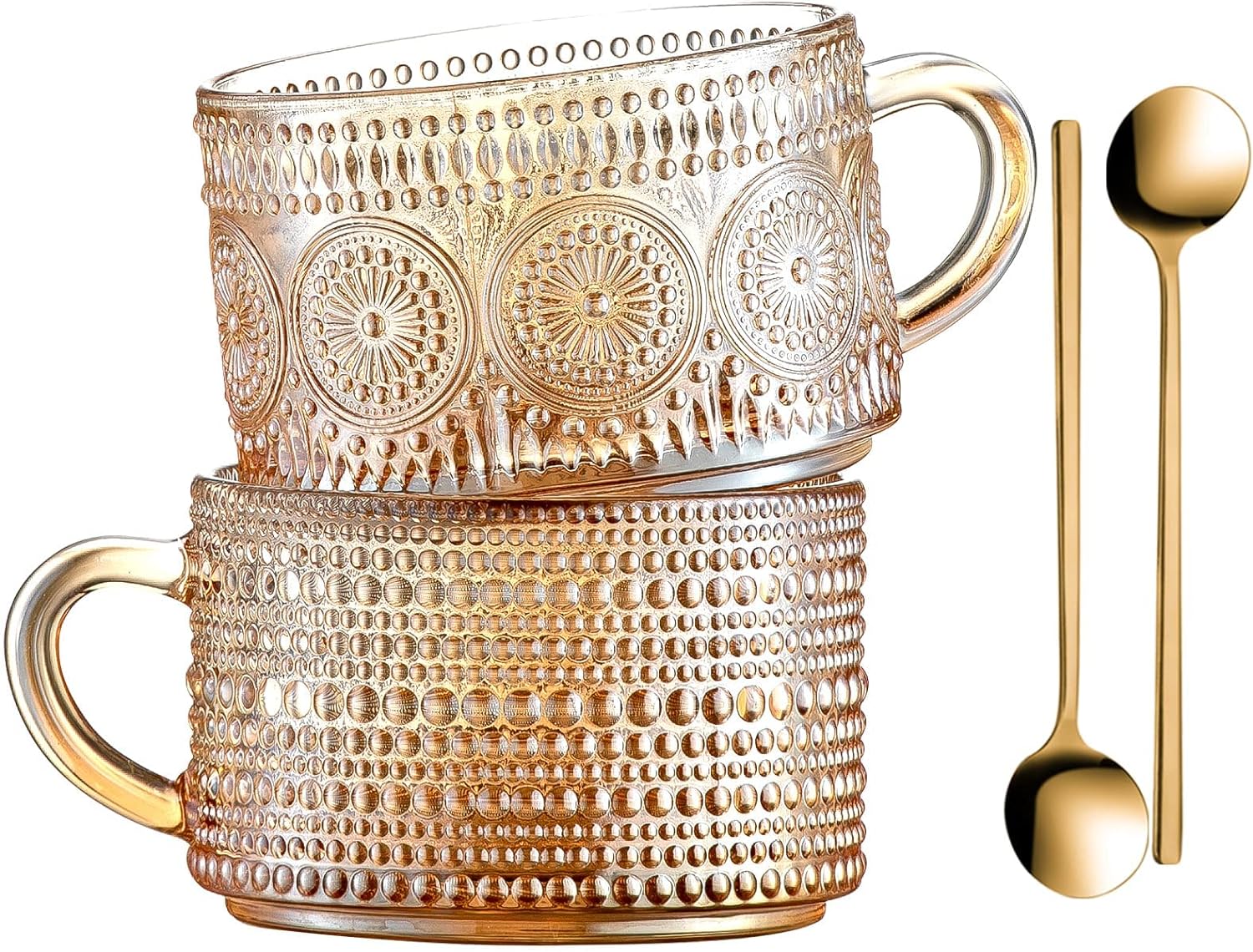 SISXSO Vintage Coffee Mugs 14 Oz Set of 2 Amber Embossed Glass Tea Cups for Cappccino, Latte,Cereal, Yogurt, Beverage Christmas Thanksgiving Day Gifts